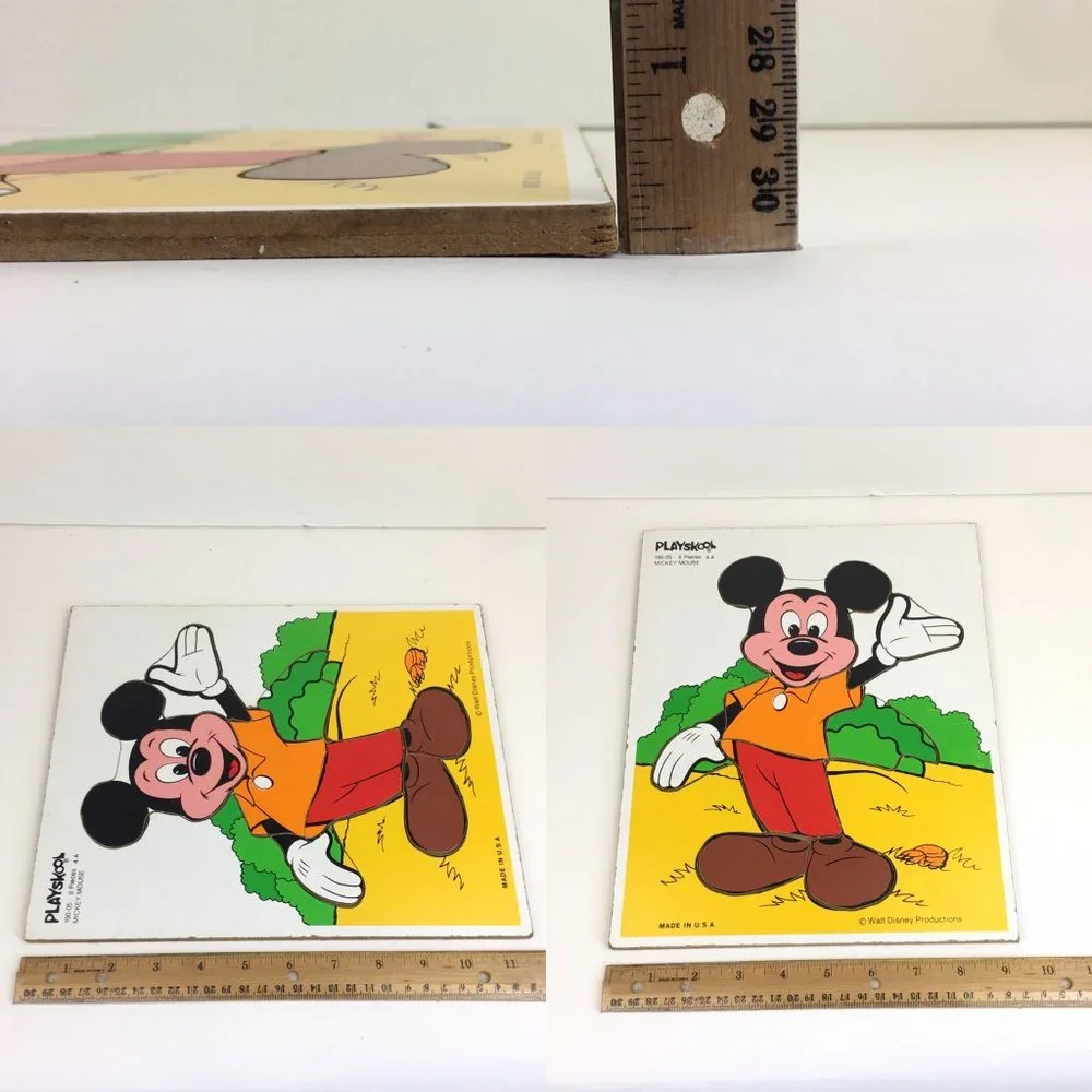 Vtg Mickey Mouse 8 Piece Wooden Puzzle Wave Yellow‎ Shirt Playskool Disney